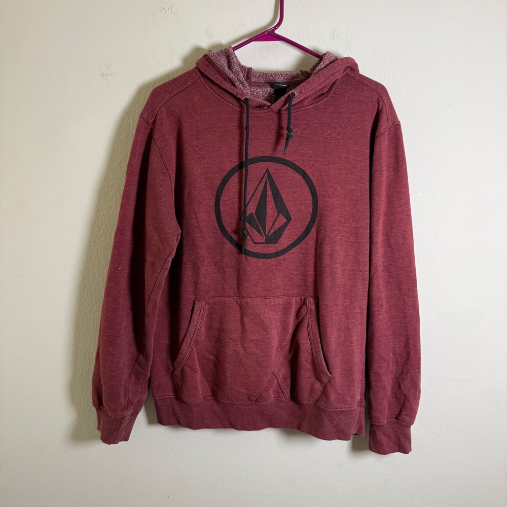 Volcom Mens Stone Logo Pullover Hoodie Burgundy Heather Maroon Fleece Large